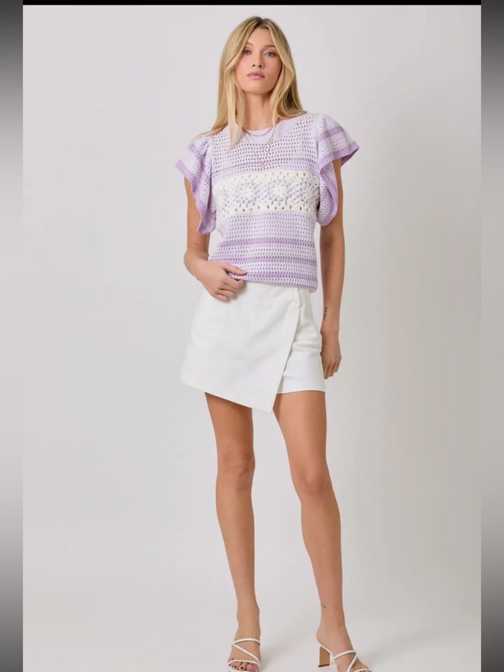 2018. Crocheted ruffle knit summer sweater in lavender